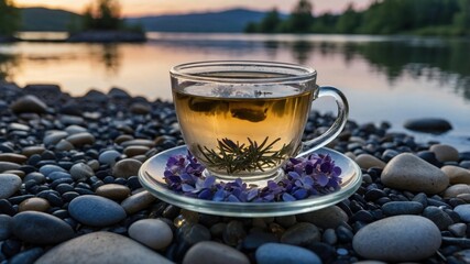 Tranquil tea cup with herbs and flowers on pebbles by a serene lake at sunset, evoking relaxation