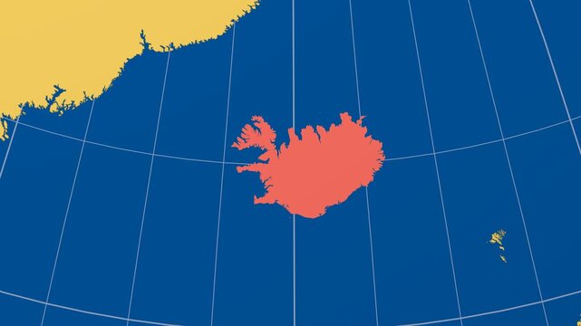 Iceland on Globe. Animated zoom into the country in Ocean Blue Golden Yellow color palette. Iceland logo animation. Map with meridians, parallels. Beautiful video.