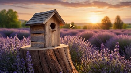 Wooden birdhouse on a tree stump surrounded by blooming lavender fields at sunset with soft light