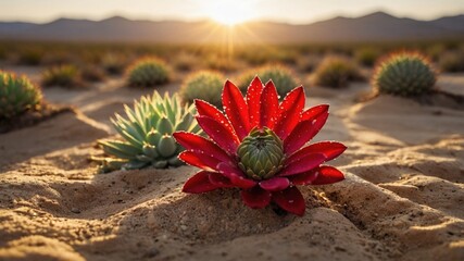 Vibrant red succulent flower in a desert landscape at sunset, surrounded by green cacti and mountains