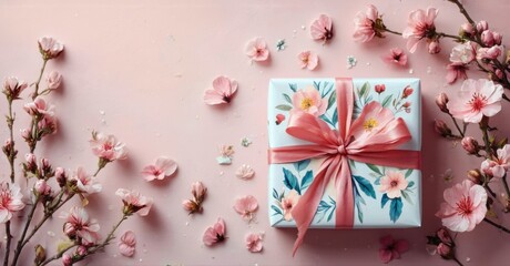 Gift box surrounded by pink cherry blossoms. Delicate floral arrangement creates soft, celebratory mood. Pastel colors dominate composition.
