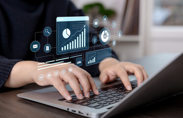 Digital business analytics interface with data visualization and performance metrics. Strategic insights, reporting, and data driven decision support for enterprise management and growth.