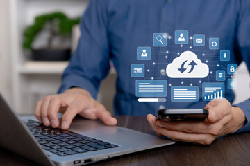 Business cloud system concept showing connected digital services and data flow. Secure technology platform for data integration, workflow management, analytics, and enterprise cloud operations.