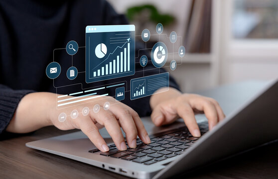 Digital business analytics interface with data visualization and performance metrics. Strategic insights, reporting, and data driven decision support for enterprise management and growth.
