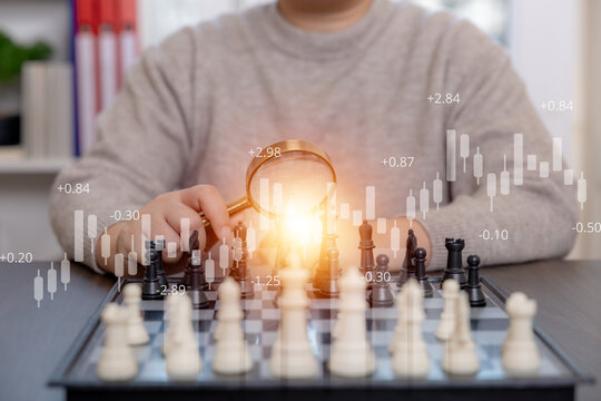 Strategic business analysis concept using chess and financial data visualization. Decision making, risk management, market evaluation, and investment strategy for corporate and enterprise planning. - Powered by Adobe