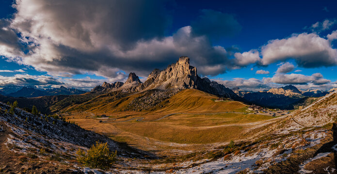 PASSO GIAU, DOLOMITES, ITALY: A view of Passo Giau, an alpine mountain pass at 2,236 meters above sea level connecting Cortina d&rsquo;Ampezzo and Selva di Cadore