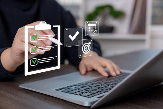 Checklist approval and task verification concept for business operations. Corporate workflow showing validated processes, quality control, performance review, and compliance management.