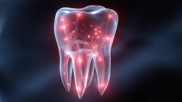 Anatomy of a Tooth: A detailed and artistic medical rendering showcases the inner workings of a tooth, highlighting the intricate network of nerves and blood vessels within.