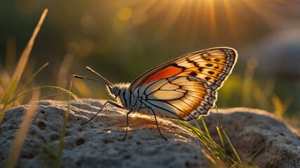 Obraz premium Close-up of a vibrant butterfly perched on a rock during sunset, surrounded by lush grass and soft light
