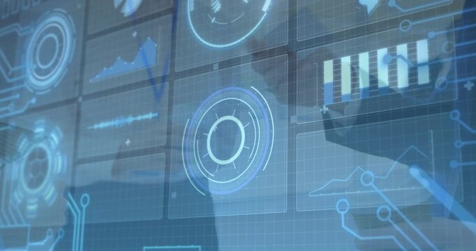 Animation of diverse data on digital screen over businesspeople sharing with business cards