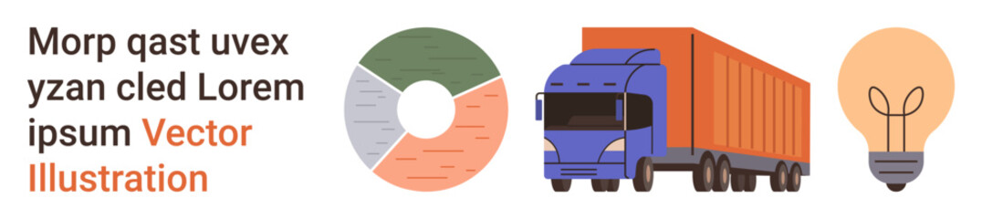 Logistics, transportation, innovation, data analysis, business solutions, cargo delivery. Blue truck alongside a pie chart and light bulb. Logistics and transportation concept