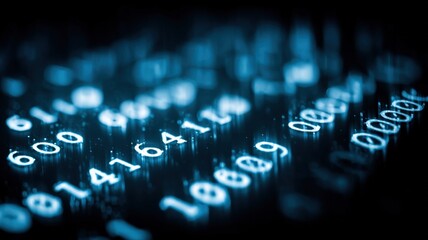 Futuristic Glowing Data Stream: Abstract Visualization of Digital Information and Numeric Code in Deep Blue