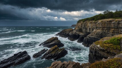 Fototapeta premium Dramatic coastal landscape with turbulent waves crashing against rocky cliffs under stormy skies