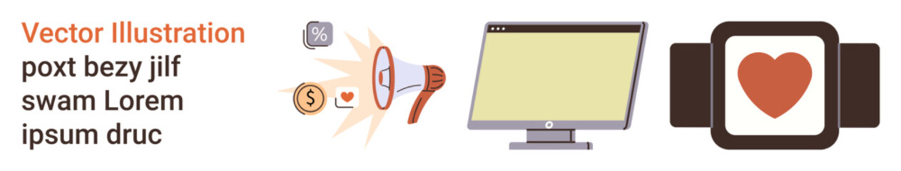 Online marketing, digital media, health tracking, technology devices, communication tools, advertising. Monitor, smartwatch with heart icon and speaker elements. Digital media and technology devices