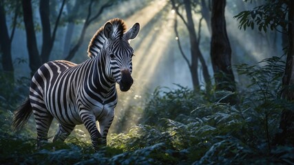 Majestic zebra walking through a misty forest, illuminated by soft sunlight filtering through trees