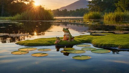 Two frogs resting on a lily pad in a serene lake at sunrise, surrounded by lush greenery and mountains