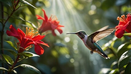 Obraz premium A vibrant hummingbird hovering near bright red flowers in a lush garden illuminated by sunlight