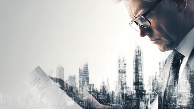 Analytical Vision: A focused individual in spectacles examines important documents, with the silhouette of a metropolis in the background, signifying intellect and the urban professional landscape.