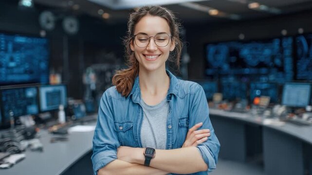 Confidently Optimistic in Control Room: A poised and confident woman with glasses stands in a high-tech control room, radiating competence and a friendly smile.