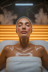 Woman receiving luxury spa treatment with facial mask and glowing skin in a serene environment