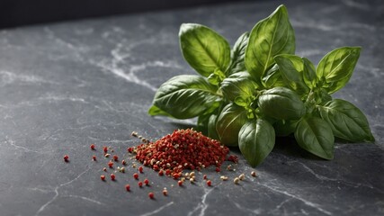 Fresh basil leaves and vibrant red spices on a dark marble surface, showcasing culinary ingredients