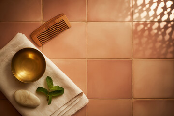 Spa essentials with golden bowl, white towel, and natural elements on textured tiles