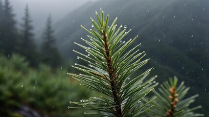 Close-up of a pine branch with raindrops in a misty forest, showcasing nature's tranquility and beauty