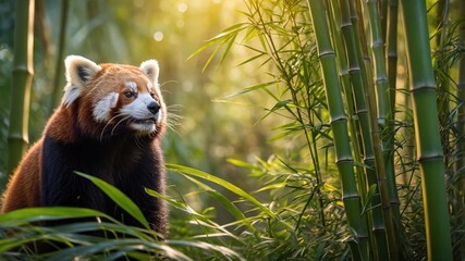 A red panda peacefully resting among lush bamboo in a serene forest during golden hour light