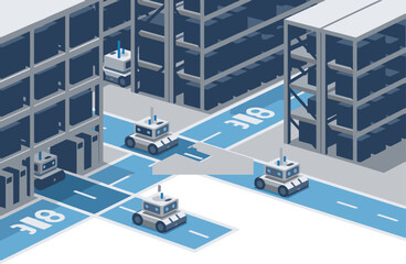 Robotic vehicles navigate a modern warehouse interior with clearly marked lanes. A clean, detailed isometric illustration showcasing automation and logistics.