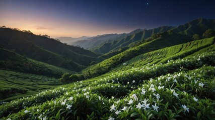 Serene landscape of rolling green hills adorned with blooming white flowers at dusk