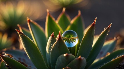 Close-up of succulent plant with dew drops and a crystal-clear water droplet reflecting greenery