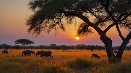 Sunset over savannah with grazing wildlife, silhouetted trees, and vibrant grasslands