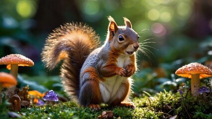 A curious squirrel stands among vibrant mushrooms in a sunlit forest, evoking a sense of wonder