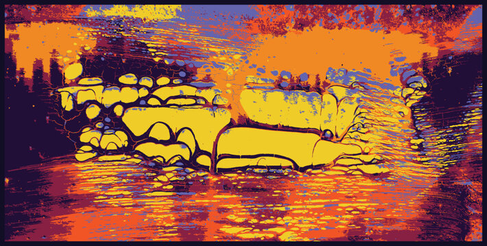 Painting made of spot from erosion on the old surface. Grunge dirt amazing background. Spontaneous smudges and spots on the wall. Stones waterfall. Volcanic eruptions, a river of fiery lava. Vector