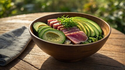 Freshly prepared tuna and avocado bowl served on a rustic wooden table with greenery in the background