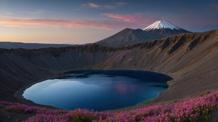 Majestic volcanic landscape with a serene lake surrounded by vibrant flowers at sunset