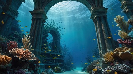 Underwater scene showcasing vibrant coral reefs and marine life beneath ancient stone arches