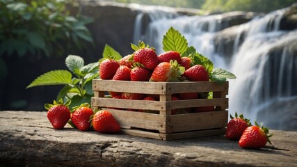 Fresh strawberries in a wooden crate near a serene waterfall, surrounded by lush greenery