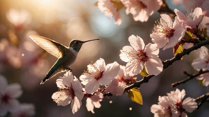 Obraz premium Hummingbird hovering near cherry blossoms in a serene garden during golden hour, showcasing nature's beauty