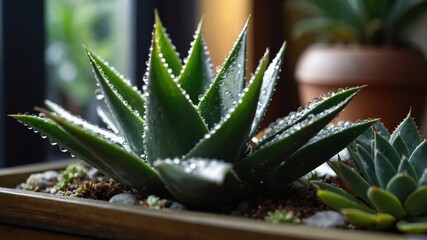 Close-up of a vibrant succulent plant with raindrops on leaves, set in a cozy indoor environment