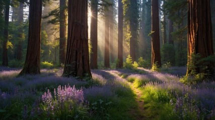 Serene forest path illuminated by sunlight, surrounded by vibrant wildflowers and towering trees