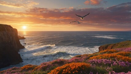 Serene coastal sunset with seagulls flying over vibrant flowers and waves crashing on cliffs