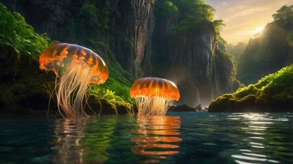 Two glowing jellyfish gracefully floating in a serene lagoon surrounded by lush cliffs at sunset