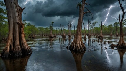 Stormy landscape with lightning illuminating cypress trees in a swamp, showcasing nature's power