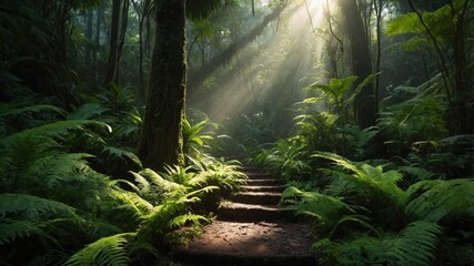 Serene forest pathway illuminated by sunlight filtering through lush greenery and ferns