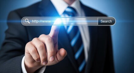 Man in suit interacting with a digital search bar interface for business or internet browsing
