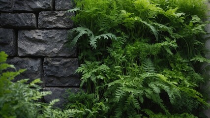 Lush green ferns growing against a textured stone wall, creating a serene natural ambiance