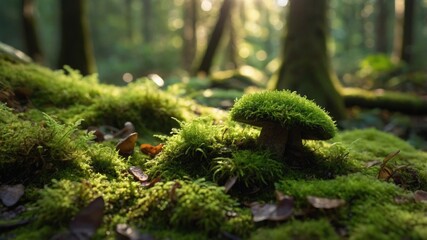 Lush green forest floor with vibrant moss and mushrooms illuminated by soft sunlight in the background
