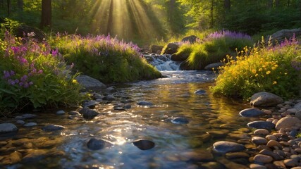Serene forest stream with vibrant wildflowers and sunlight filtering through trees, creating a tranquil scene