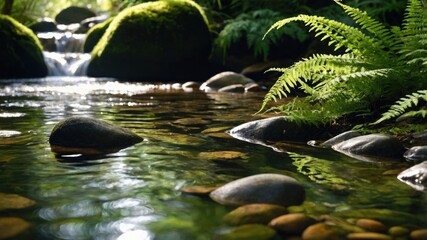 Serene stream flowing over smooth pebbles surrounded by lush greenery and ferns in a tranquil forest